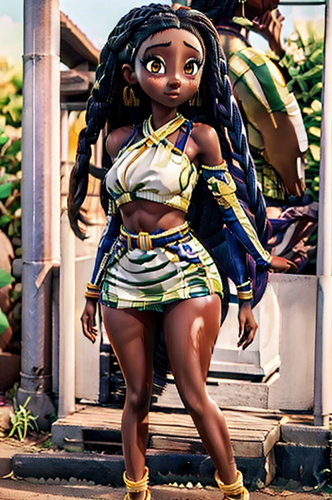 high quality 18 uears old pretty Jamaican dark skin girl, dread hair stand still with long legs wearing mini skirt, no back ground, facing front, full shot