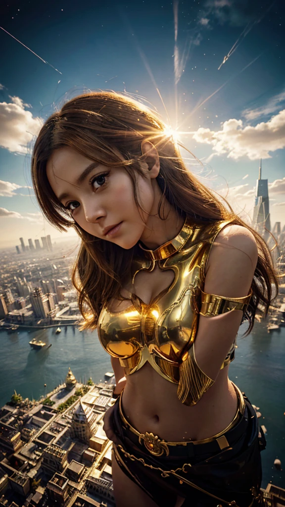 ((masterpiece, best quality, extremely detailed), volumetric lighting, ambient occlusion, colorful, glowing), 1girl, solo, young girl, (dark hair), long hair, halo, aura, sacred, goddess, cleric suit, (skateboarder outfits with gold detailst:1.3), seethrough robe, outdoors, sunset, sky, clouds, space, (fantasy theme:1.2),