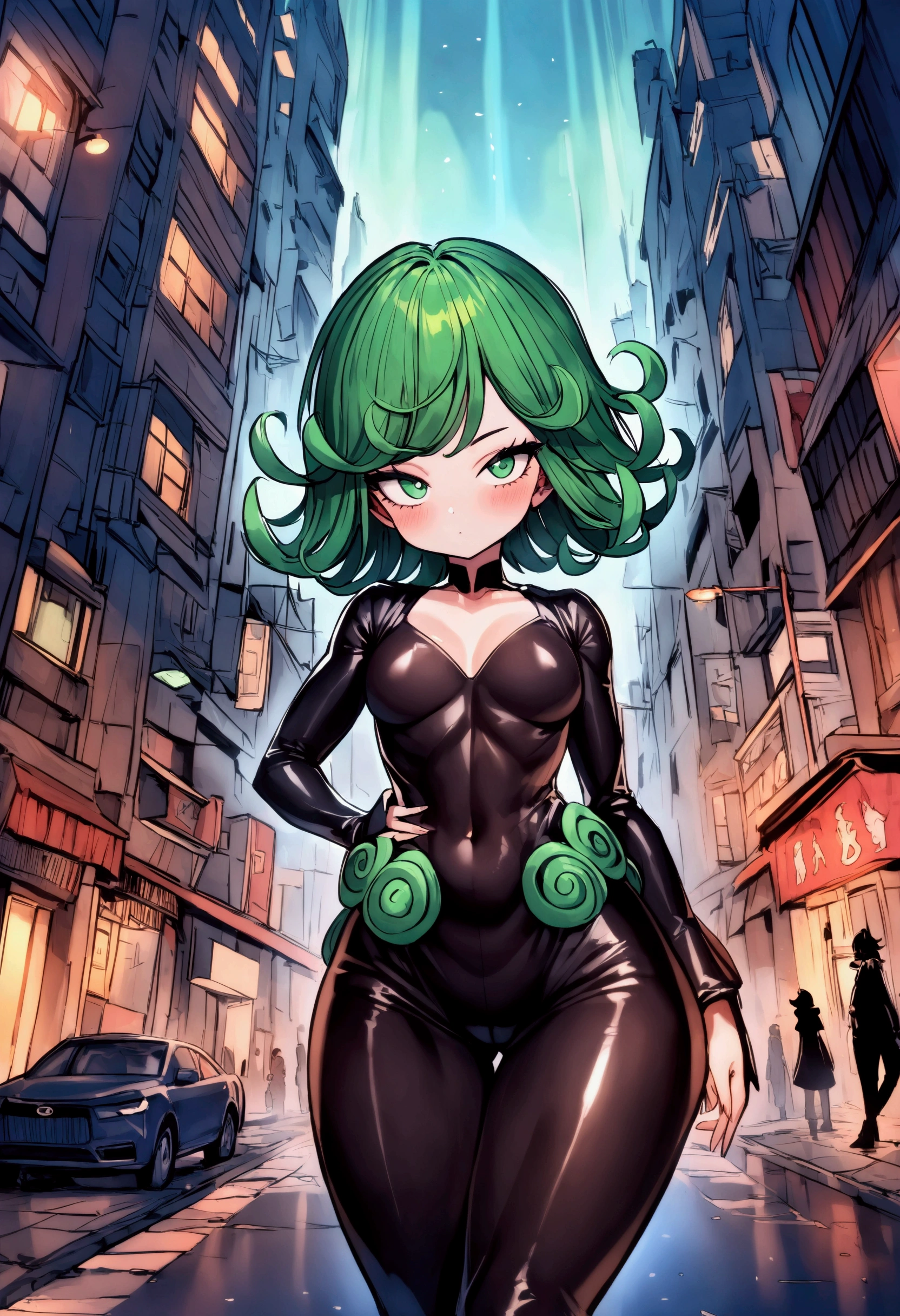 cute Yuna, in the role of Tatsumaki from One Punch Man, iconic outfit, age 25, big butt, she is telling off a giant mutant cyborg, damaged streets of Bangkok
