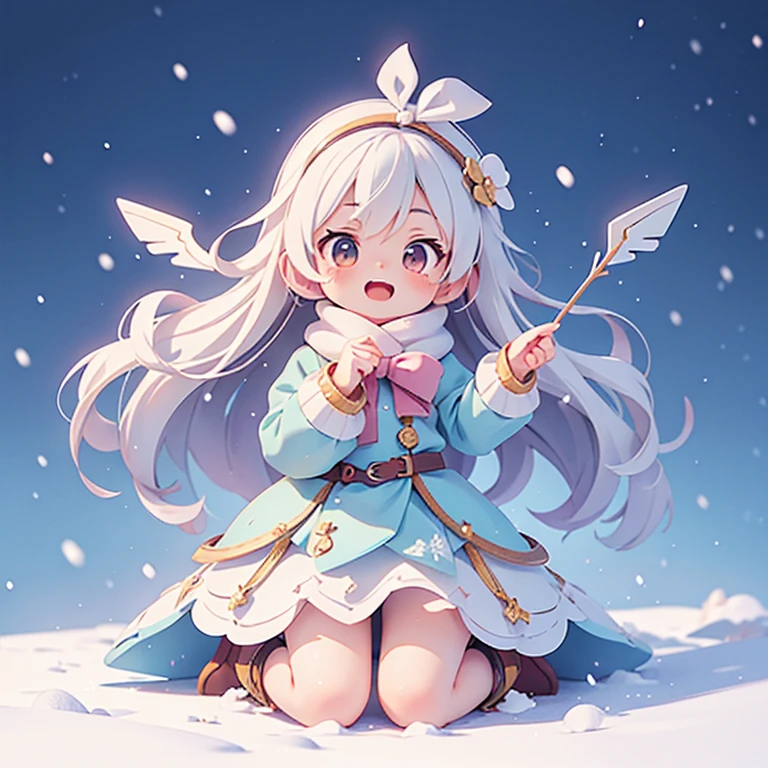 cold　snow　Pointing at the audience　point to the front　Flying in the sky　Anime-style design　Highest quality ,masterpiece, figure, Very delicate and beautiful, wonderful, In detail, masterpiece,　Charm　Fantasy
