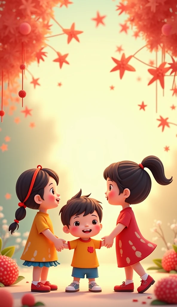 Korean triplets, being two girls and one boy, about 4 years old