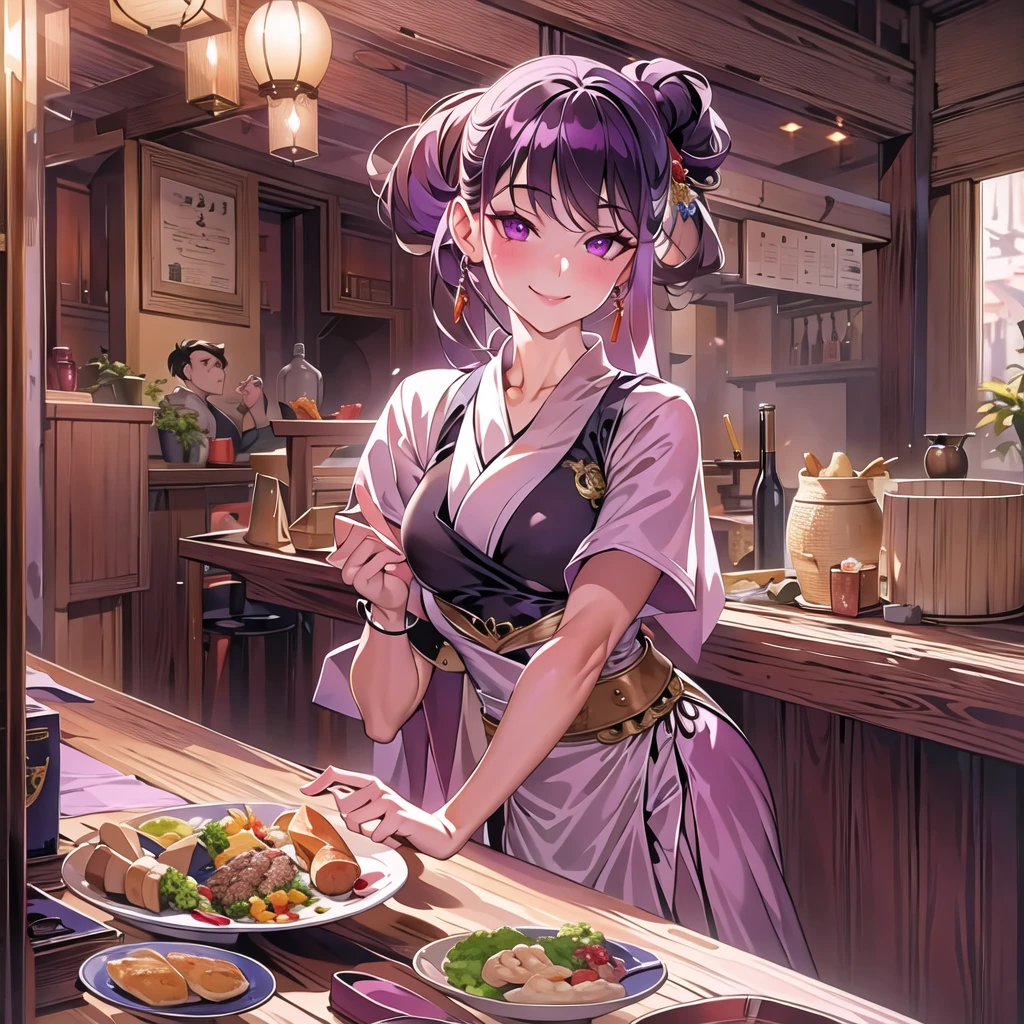 (masterpiece:1.2, Highest quality:1.2, Attention to detail), One woman, Kappo, A small wooden restaurant, Pick up a small plate, Smiling, Hair tied up, Soft lighting