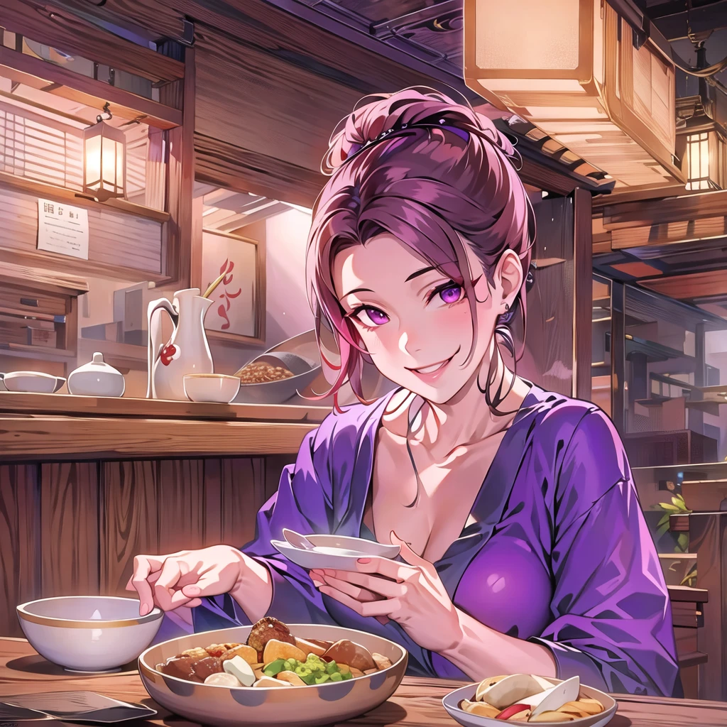 (masterpiece:1.2, Highest quality:1.2, Attention to detail), One woman, Kappo, A small wooden restaurant, Pick up a small plate, Smiling, Hair tied up, Soft lighting