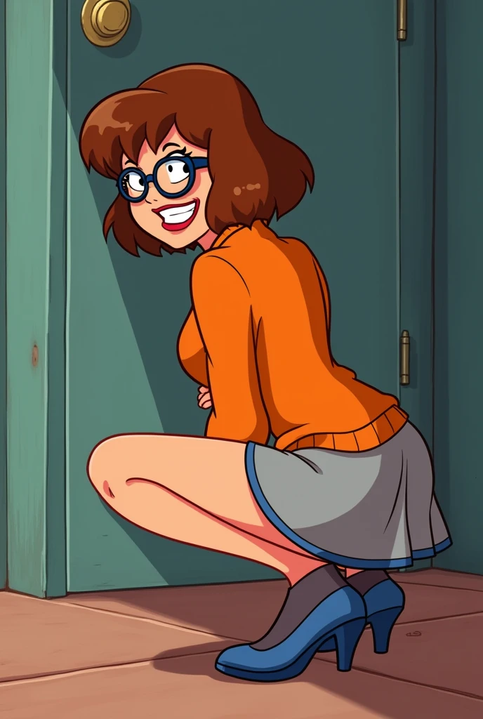 source_cartoon, rating_explicit, Velma Dinkley from scooby doo, ear sex, 1girl, 1boy, hetero, kneeling, uncensored, pants, pants pull, belt, ahegao, BREAK white dick, adult, human, white testicles, score_9, score_8_up, score_7_up, score_6_up, score_5_up, score_4_up