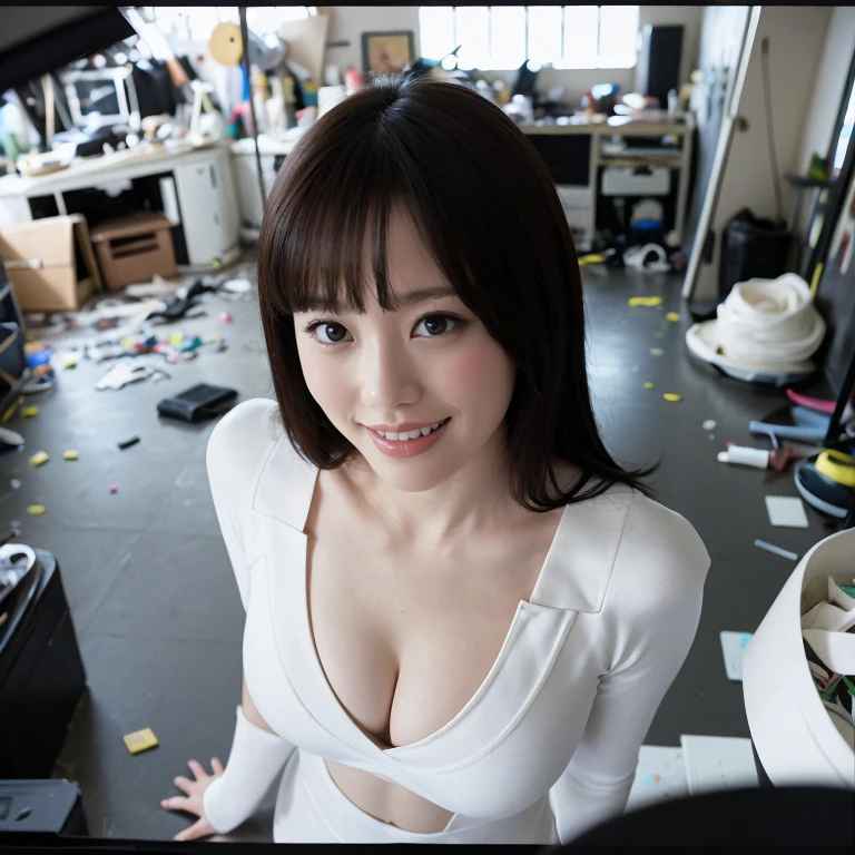 Highest quality、8k、masterpiece、Realistic, Sharp focus, High resolution, High resolution, Portraiture, alone, Japanese,  Beautiful woman, From above,((Dynamic pose)),A tronsuit that shows off her cleavage, Glamour body,(Cluttered Background, Messy room:1.3), Dark Background、((grin,looking away)),tron