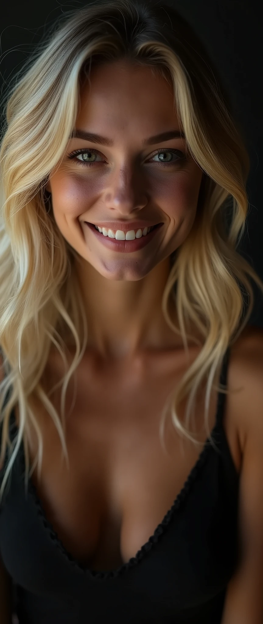 ,Editorial photography of a 20 year old woman with long blonde hair), (Highly detailed face:1.4) (They are smiling:0.7) (illuminated interior background, Private studio:1.3) point of view, Por Lee Jeffries, Nikon D850, film archive photography. ,400 for 4 Kodak ports ,f1 camera.6 lenses ,Rich colors ,hyperrealistic ,realistic texture, natural lighting , Cinestill 800, Women in bed giving off a sexy look wearing tight clothing with large breasts, whole body, walking towards the camera