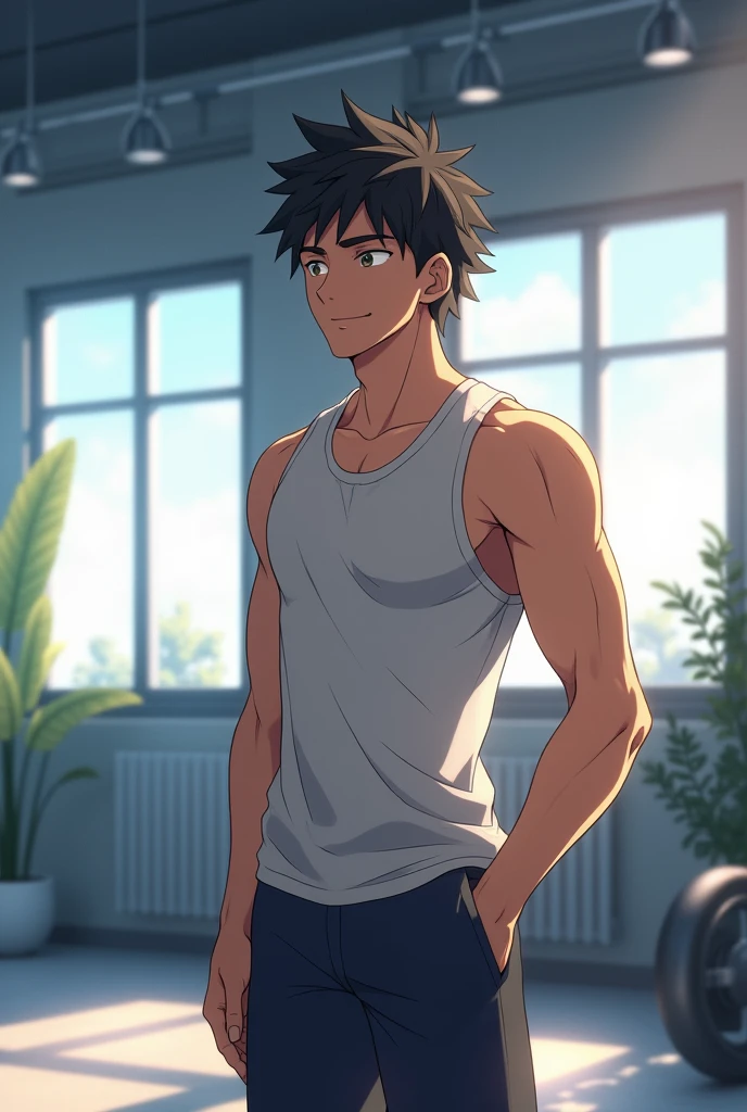 32 years old, adult, male, blue tank top, black gym shorts, light brown hair, short hair, brown eyes, no sleeves, muscular, big arms,