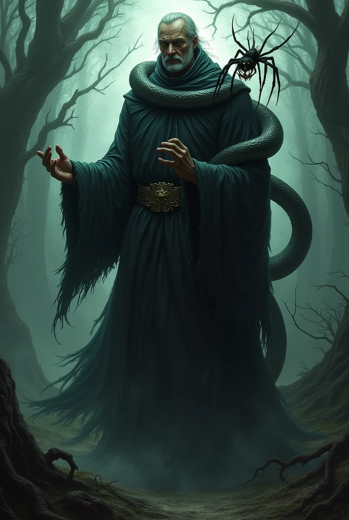 Snake with arms, bloody cloak, long tail, traits of old age, cane in left hand, Red eyes, malevolent smile