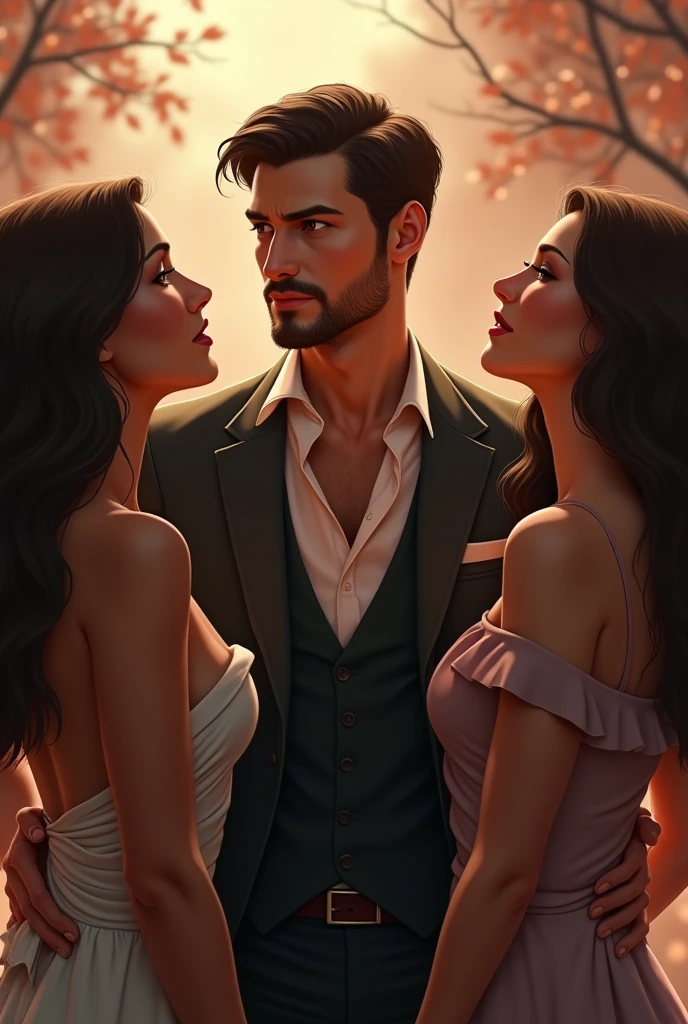 handsome dark hair man smoking a cigarette (bad boy vibes), next to him a sexy woman bending her ass towards him and showing her tongue. behind them (left over) a smiling man giving (nice guy vibes not attracting women)