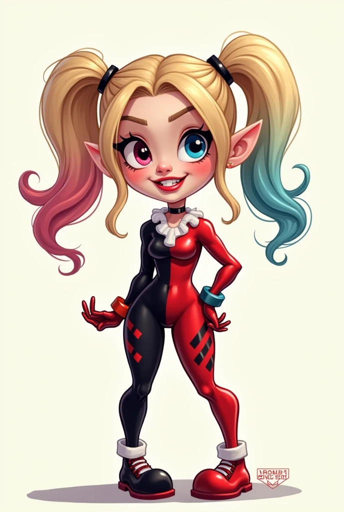 I want a drawing of Harley Quinn in a funny cartoon style but with the face exaggerated like a cartoon