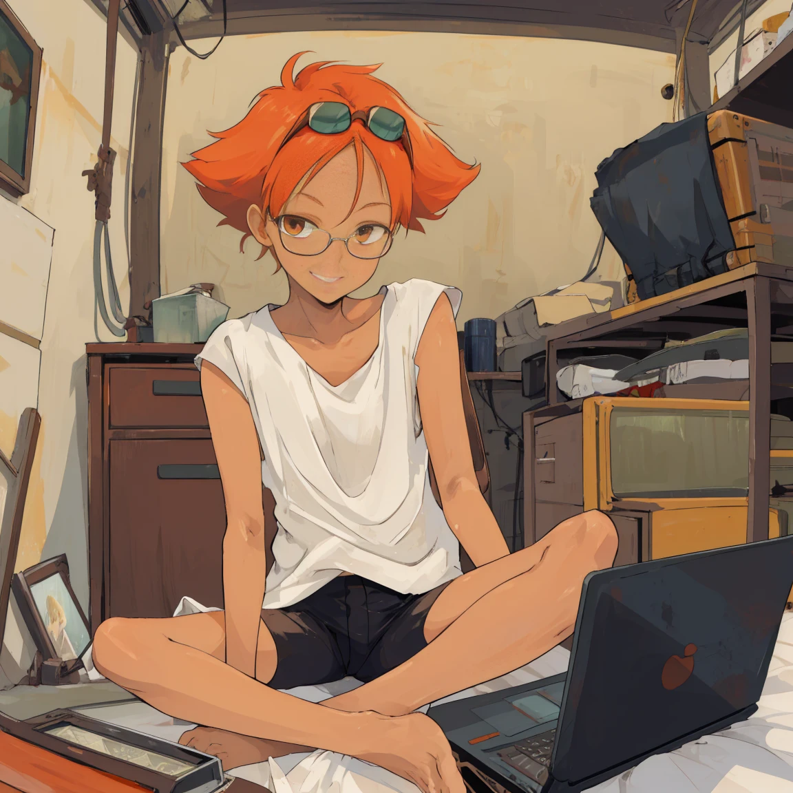 (masterpiece), Highest quality, Expressive eyes, Neon pastel aesthetics, Retro 90s, Neon color,((Girl sitting on sofa,In a cozy room,Records hanging on her wall, Comic books on the floor, Looking out the window behind her at the night city, Upholstered room, Anime figures lined up on a shelf)), Wearing headphones, (All around her it sparkles), (wearing thick colorful sneakers), (blue eyes), (Soft look), (Synthwave Art Style), Colorful Hair, Desk with PC set up