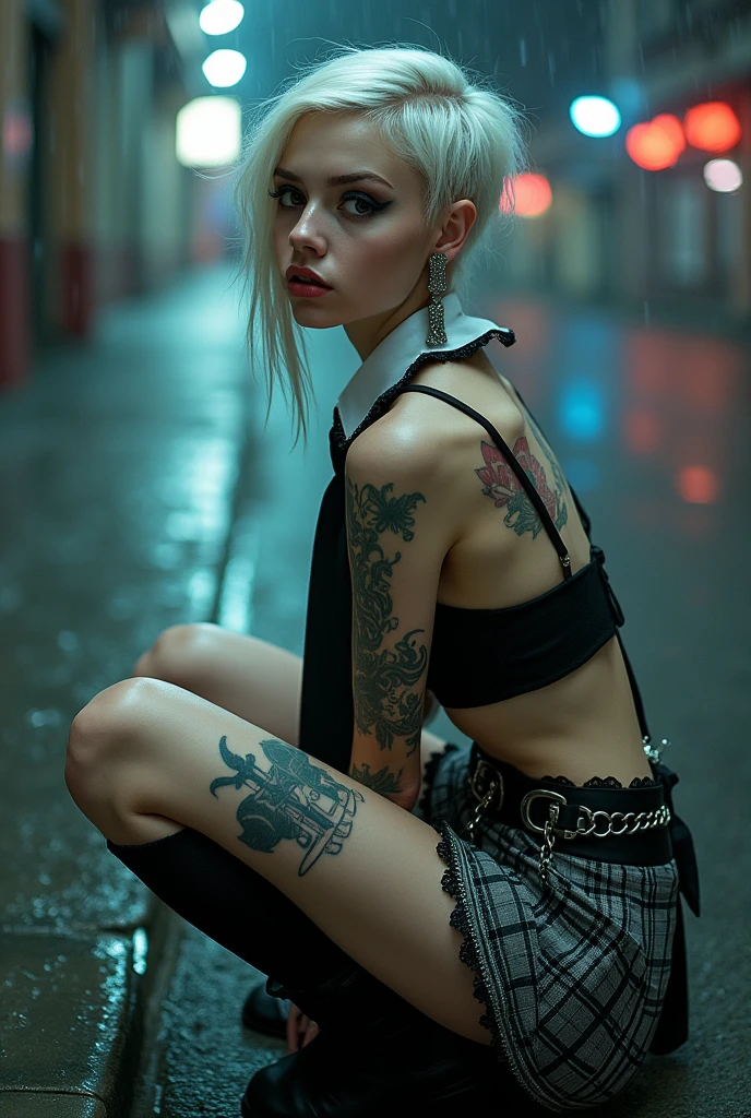 Tips for the first topic are as follows: quality, 8k, 32K, On a table:1.3), ultra - detailed, (realistically:1.4), white colors, Albinism, Punk Girl, Detailed eyes, Upper part of the body, Luxurious Punk Hairstyle, Avant-garde punk fashion, Avant-garde makeup, numerous piercings, There are a lot of tattoos, streets background, backlight effect, shallowdepthoffield, vague background" beautiful , fishnet outfit, perfect body