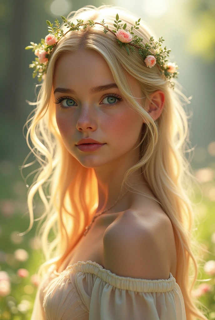 create illustrations in a graphic style according to the description:
1. Appearance of Mavka: She should be represented as a young and beautiful girl, With a long, often loose hair. Her eyes can be made large and expressive, that emphasizes its mysticism.
2. clothes: Traditionally, Mavka is depicted in simple white or light clothing, often this can be a light dress, that seems almost transparent. You can also add elements, that symbolize nature, For example, wreath of flowers on her head.
3. Surroundings: The background should reflect her connection to nature. This could be a forest clearing, pond or river, surrounded by trees and flowers. Lighting can be soft, creating an atmosphere of evening or morning mysticism.
4. Graphic Style: You can use detailed and realistic graphics, to convey the mythological and mysterious character of the character.