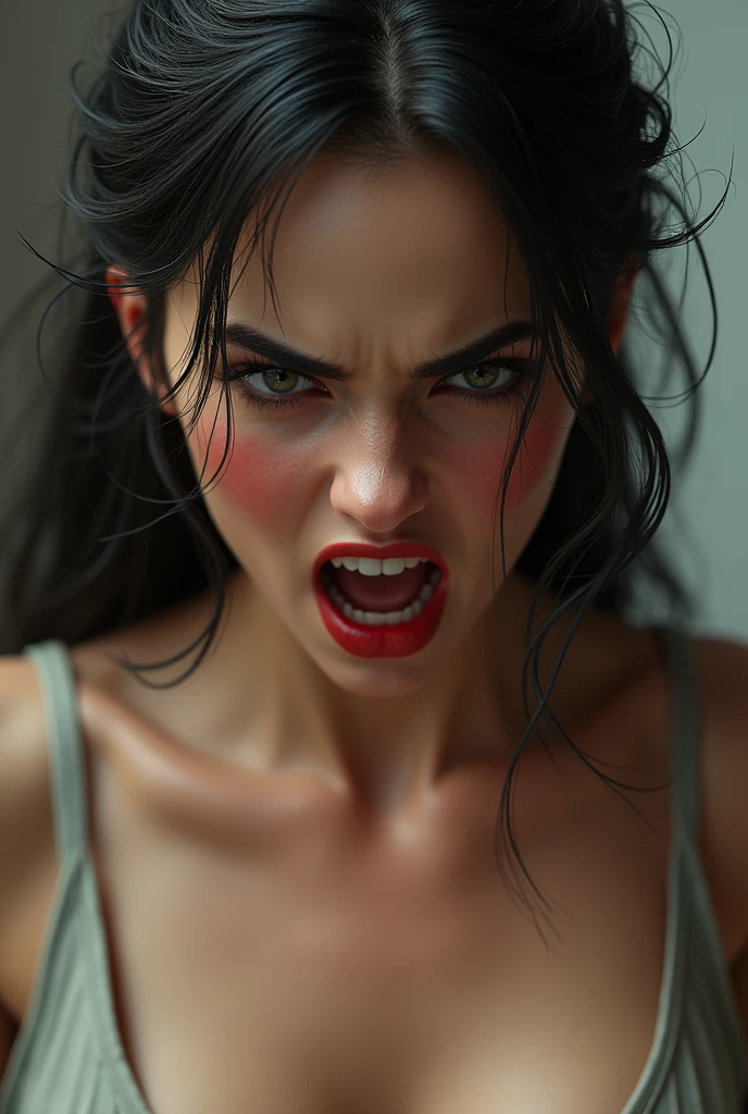 On a bed, she is biting into a man's penis with her sharp fangs, she is also a cannibalistic sexual demon, she has a perfect face with full libs and razor-sharp fangs, They are in a old creepy house in the bedroom and she is on top of the man, realistic blood on the man'loody, and violent, Her Full body is shown on a bed with a man as she is on top of him biting into his with her sharp fangs, realistic blood, perfect eyes, Perfect anatomy, realistic, gore, realistic skin and flesh, she is a vampire who feeds on innocent men, she is a virgin killer, she is biting deep and hard into his with her sharp vampire fangs, blood is dripping from his , she is trying to bite his off so that she can eat it, she has very sharp vampire fangs, she has a perfect athletic body, she is skinny with small perky boobs, she has abs and defined muscles, her skinny body is perfectly proportioned, she has a crazy look in her eyes, she is a sexy sadistic addict , a sexy tight dress with Long black stockings, she also is wearing black high heels with red bottoms, there is blood everywhere as she is biting into his with her sharp fangs. She has a perfect face, perfect eyes, and perfect bone structure, she has a skinny body with defined abs and muscle