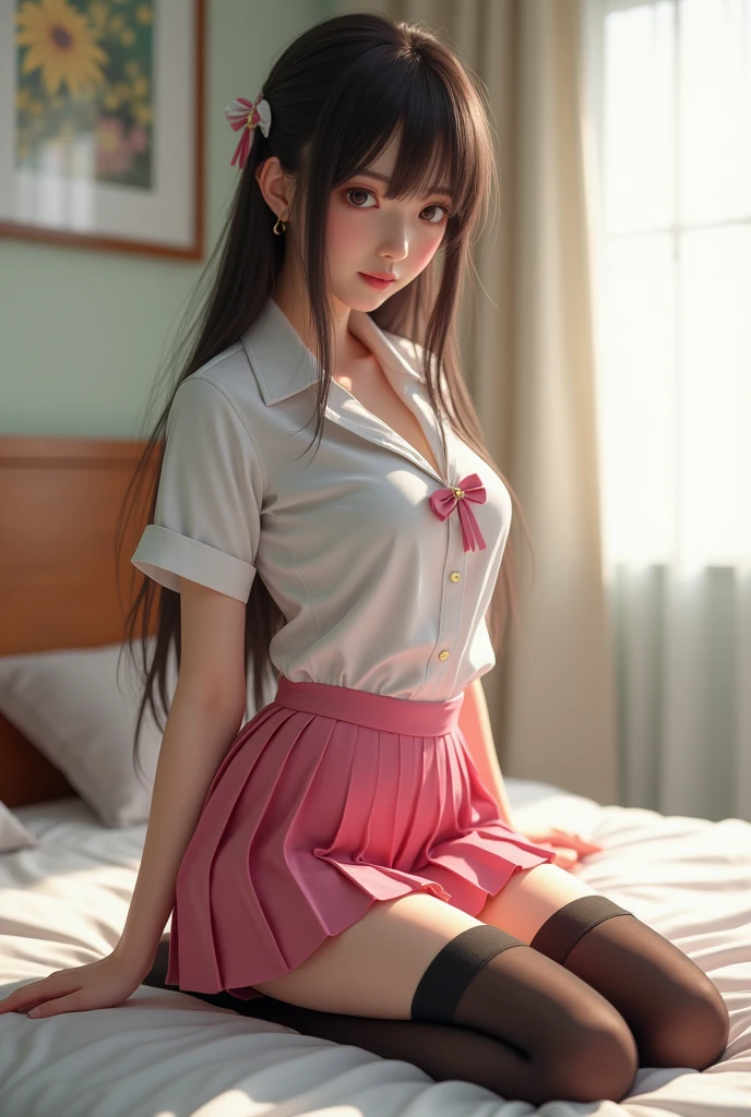 (detailed beautiful eyes and detailed face, masterpiece side light, masterpiece, best quality, detailed, high resolution illustration), (1 girl, beautiful girl, shiny skin), (black hair, pink colored eyes, diapers, long hair, button- shirt), (kneeling on the ground)