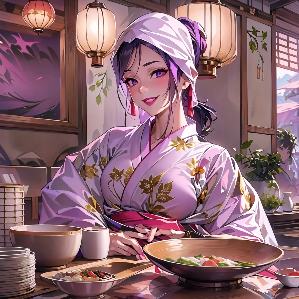 (masterpiece:1.2, Highest quality:1.2, Attention to detail), One 40-year-old woman, kimono, apron, White hood on head, A small wooden restaurant, Pick up a small plate, Smiling, lipstick, Hair tied up, Soft lighting, Highly detailed face, Perfect Anatomy