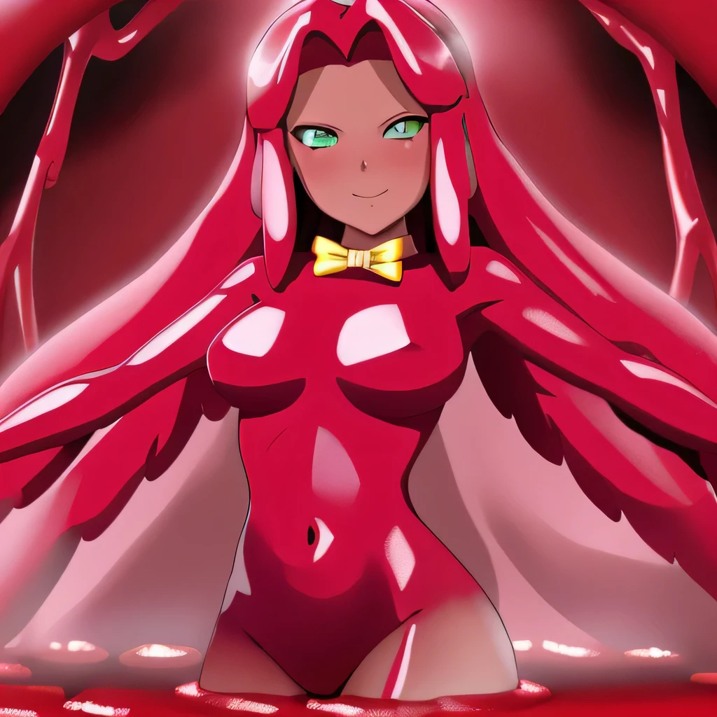 (masterpiece,best quality,ultra-delicate,Perfect Face,16k,high resolution,very beautiful woman),Red Slime Body, Green Eyes, Yellow bow tie,jamanen:1.3,((seductive pose:1.2,melting body,Melting legs, melting hair,melting breasts)) ,(huge Breasts),Long Hair,Shiny body,red Muddy caves,smirk,anime style