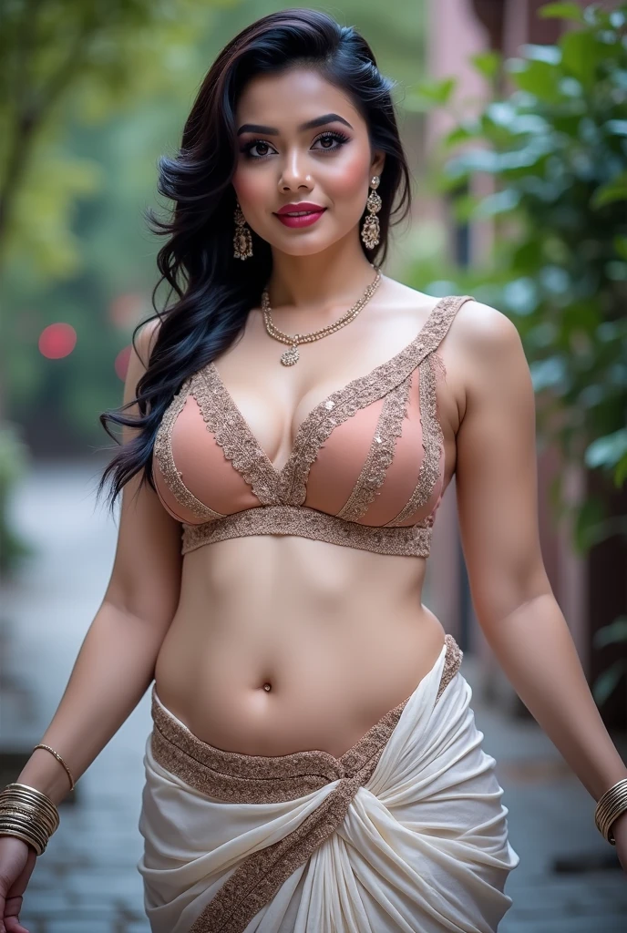 Beautiful young indian woman, wearing grey saree, small bra, river and mountain landsape, detailed face, detailed body, symmetric face, cute, iconic, photorealistic, big breasts, big belly , hair ponytail, masterpiece, 8k, ultra realistic, detailed background, palace, god rays, ambient occlusion, hands on ponytail, hands on back to head