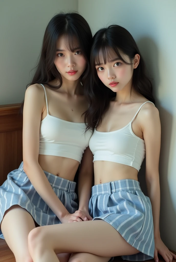 Two girls standing at ear window in school classroom,White dress,break,bangs,smile,Short hair with low pigtails,from before,Front light,((、slender、delicate、Sexy clavicle and flat chest、Very small breasts))、My whole body is soaked、Lifting the hem of her skirt to show her white panties、My clothes are wet and see-through