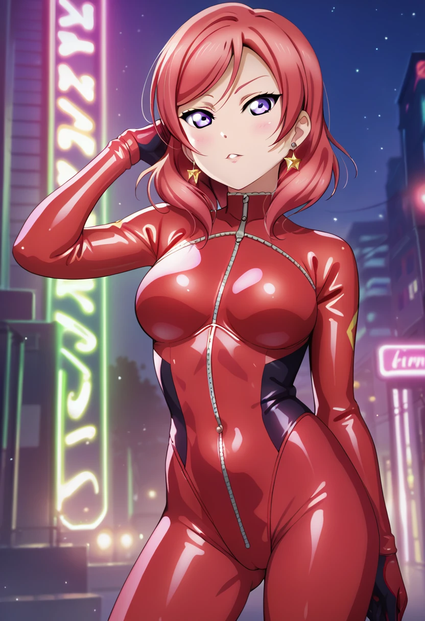 masterpiece, best quality, nishikino maki love live,red hair, medium hair, purple eyes , standing, red neon bodysuit, front view,earrings , night, slutty