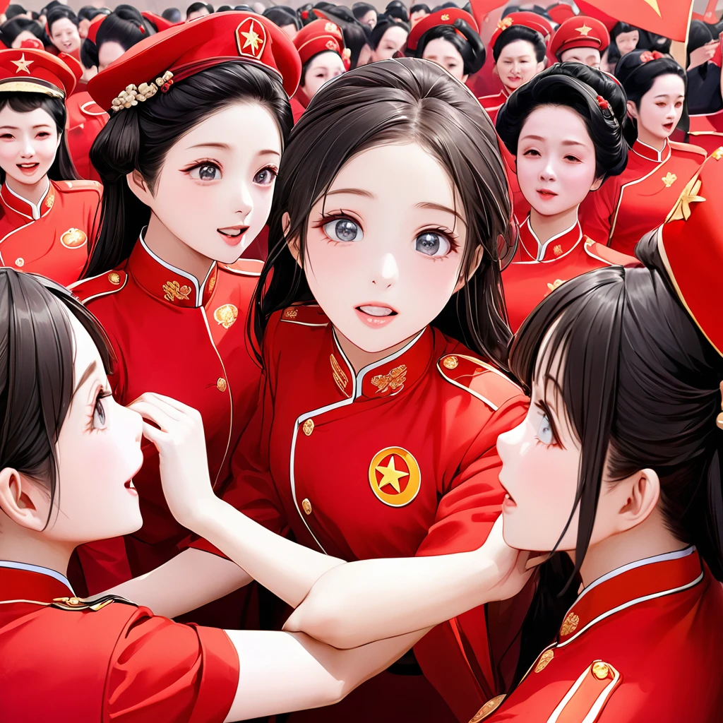 ((Highest quality)), ((masterpiece)), (detailed), （Perfect Face）、The woman is Satomi Ishihara, with black hair and wearing a red Communist uniform, who has become a member of the Chinese Communist Party, a woman for China, and pledges loyalty to the country.、The woman was chosen as part of a group of beautiful women selected to become wives of Chinese Communist Party officials, and was given the honor of becoming the wife of a Communist Party official.