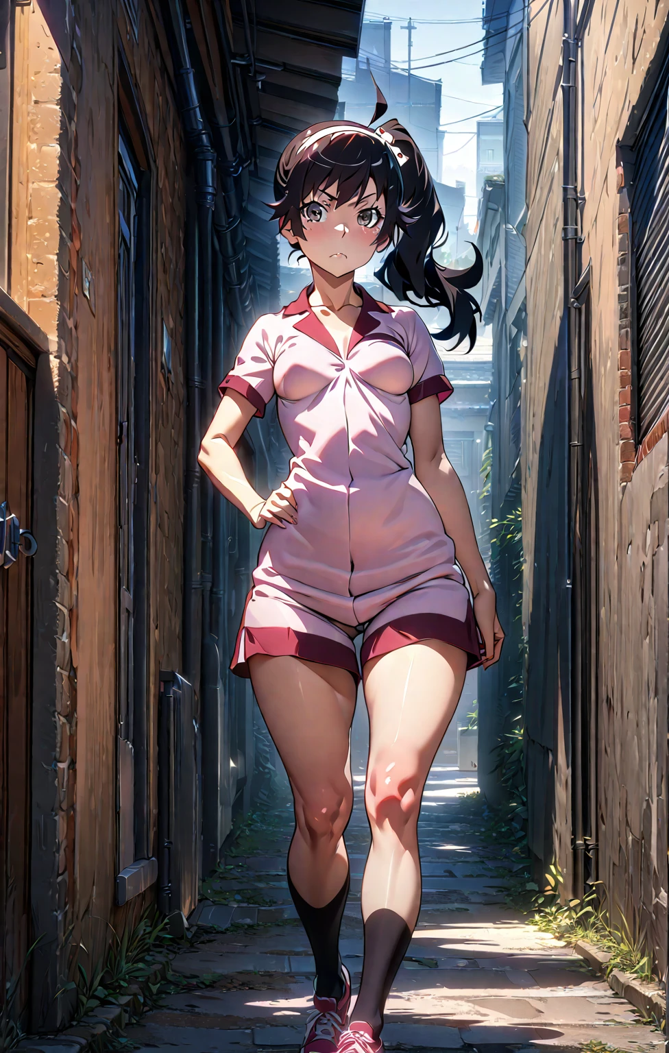 8K quality, Ultra-detailed, HDR, Perfect contrast, Perfect illustration, masterpiece, karen araragi from Monogatari Series, small curvy pudgy puffy breasts, pony tail hair, standing, alleyway