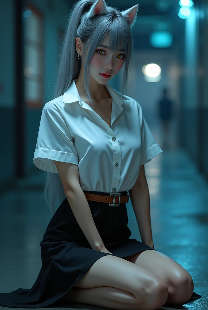 possession, japanese cartoon movies, chainsaw man, ((japanese cartoon movies cosplay)), 1 girl, Wide range photoshoot, Wide range, (milf), beautiful face, clear face, ((hot body)), ((Makima Dress)), Wearing office clothes, ((White full sleeve shirt and full leg black pants)), ((chainsaw man)), spy x family, ((Assassin&#39;s Dress)), ((Cosplay dress)), ((((huge breasts: 0.8)))), ((There are no breasts)), covered, (((realistic))), ((You are well dressed)), Waist Curve Pose, face, (8k, RAW picture, top quality, masterpiece), (realistic, realistic: 1.9), ((full body shot)), stylish pose, ((highly detailed skin: 1.2)), ((realistic: 1.9)), picture, masterpieces, top quality, (beautiful blue eyes, Gorgeous pale gray black curly hair, White skin, thick body, lower abdominal bristles, perfect slim body), various poses, very detailed face, detailed eyes, Many people are looking at her with excitement., (((No close ups)))