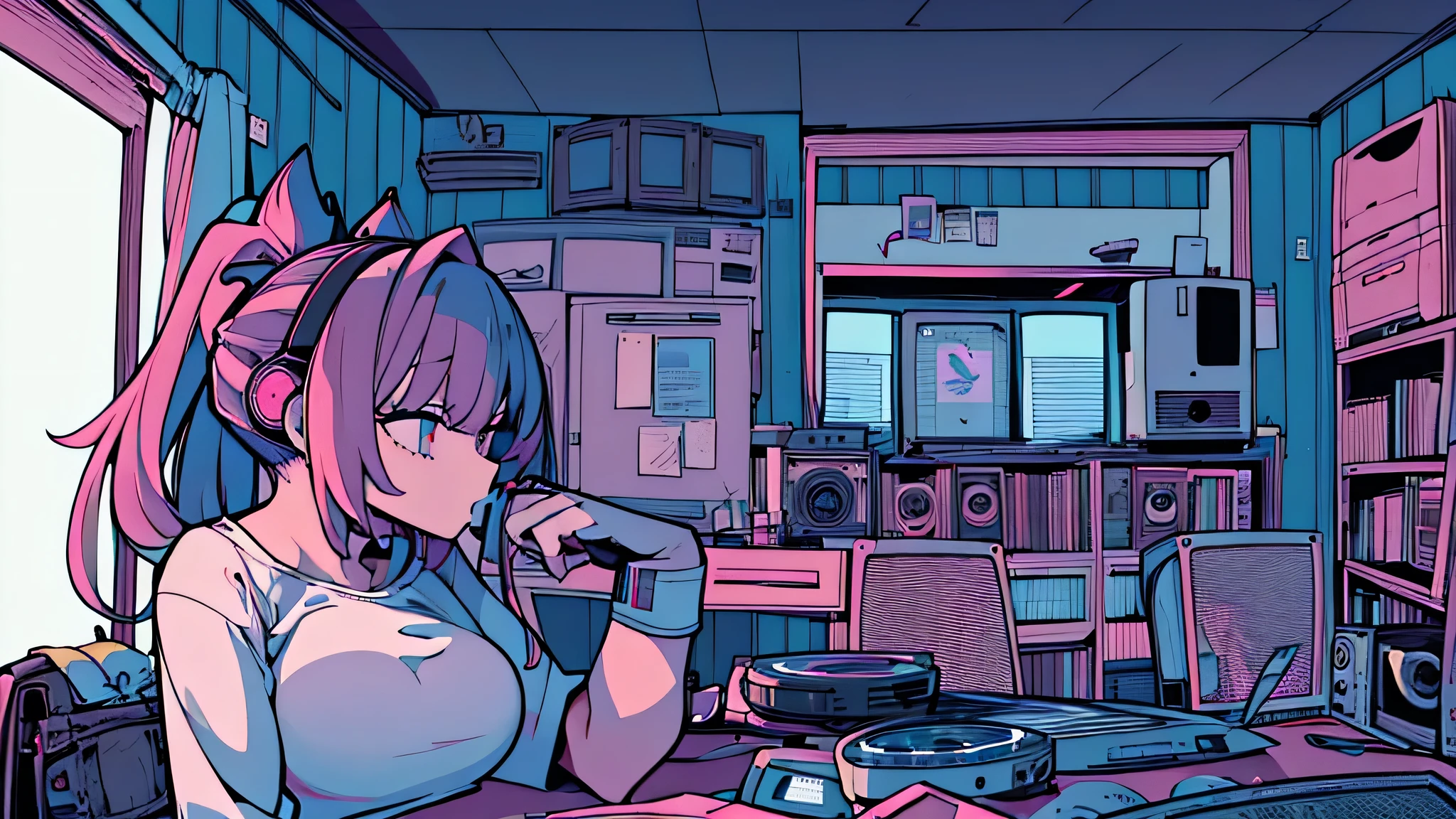 Best quality, (masterpiece), best detail face,1 girl, big breasts, 18 yo, 8k,absurdres,unity 8k wall paper,(extremely detailed:1.3), highest realistic, (retro headphones:), (psychedelic), Her room full of music equipment and records, sports wear , See the whole room, She is at the end of the room, natural color palette

