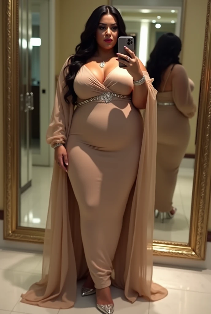 (NSFW,highres:1.2),1 girl,blowing a kiss,perfect body shape, slim waist, curvy hourglass figure, full body picture, skinny waist and thick hips,full body view,big boobs,wearing a hijab,wearing tight dress,beautiful detailed eyes,long eyelashes,natural makeup,soft smile,she has a jiggly fat round belly,vivid colors,studio lighting,physically-based rendering,digital artwork,bokeh