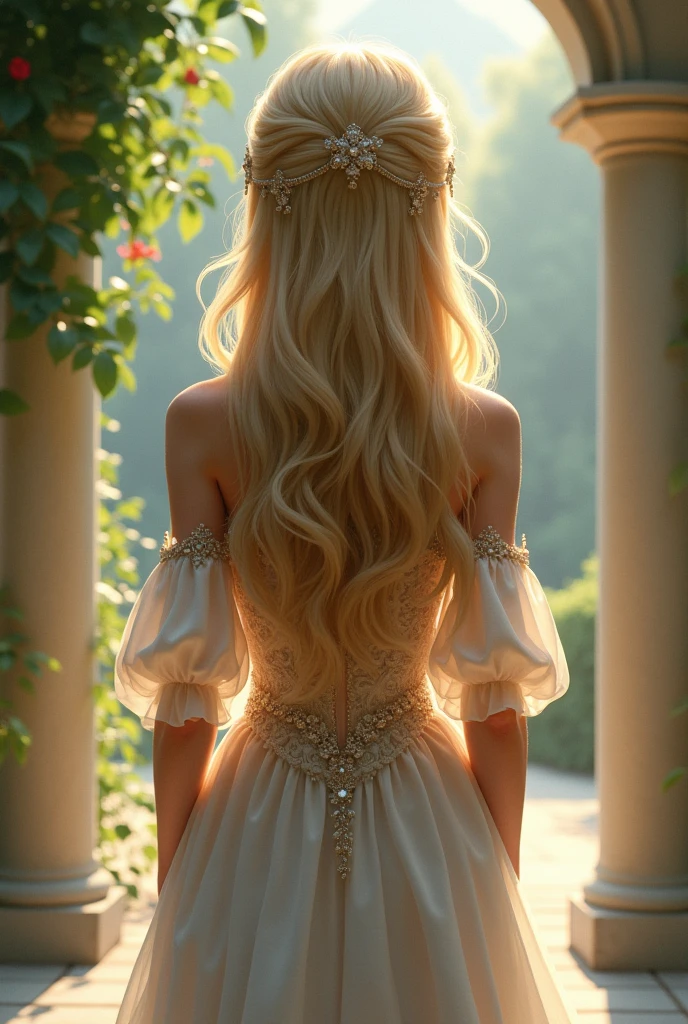 beautiful little medieval russian princess girl 14 year old, long blonde wavy hair, transparent white dress