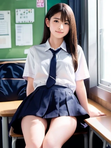 school uniform,(Sit at a desk),No makeup,High resolution,Professional photos,High resolution,Small breasts,,slim, Lie on your back on a desk, Open legs to show panties, Frightened expression, Tears in my eyes,School classroom