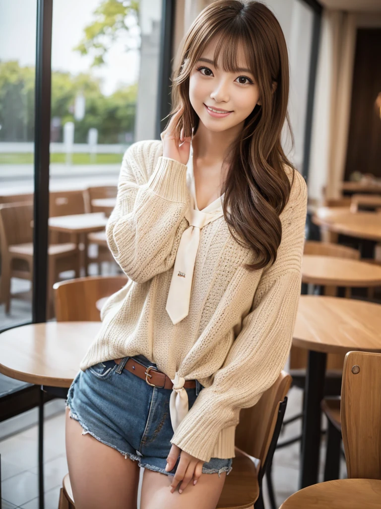 (Early autumn date), ((Girlish clothes)), View your audience, Japanese Women in College, (One Woman:1.2), She is very beautiful, Glowing Skin, Perfect Face, Cute and symmetrical face, Glowing Skin, Light Brown Hair, Medium Hair, Wavy Hair, Tie your hair up, compensate, Beautiful Hair, Beautiful Face, Beautiful attention to detail, Beautiful body, Beautiful thighs, Beautiful legs, Beautiful fingers, (At a stylish open cafe), Beautiful park view from the window, Are standing, Arms crossed, (Cute smile), (8k, RAW Photos, Highest quality, masterpiece:1.2), (Realistic, Photorealistic:1.4), Very detailed, Shallow depth of field, Perfect Anatomy, Perfect hands足, Perfect hands, Perfect Eyes, Perfect body, smile, double eyelid, (Natural Side Lighting, Cinema Lighting),