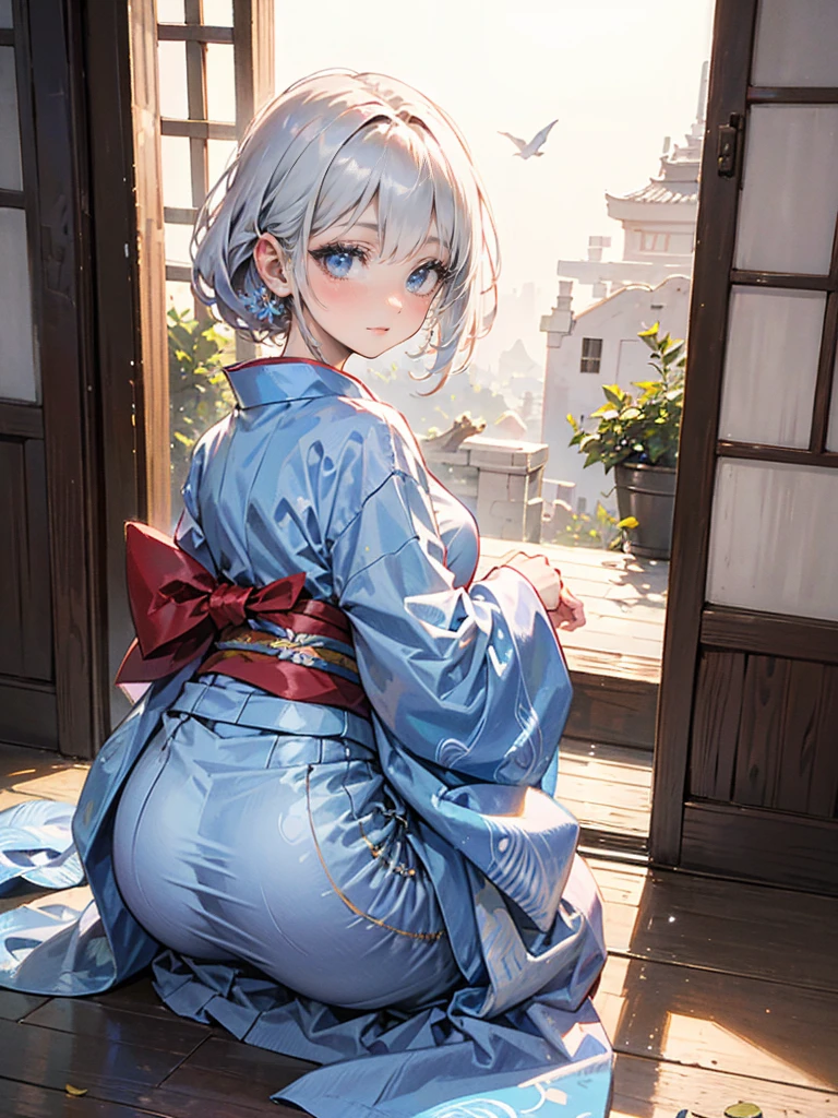 Light blue hair short hair、hime-cut、Girl with golden eyes、View of the crotch from below、flat chest、Thin pubic hair、Beautiful open legs、shrine maiden