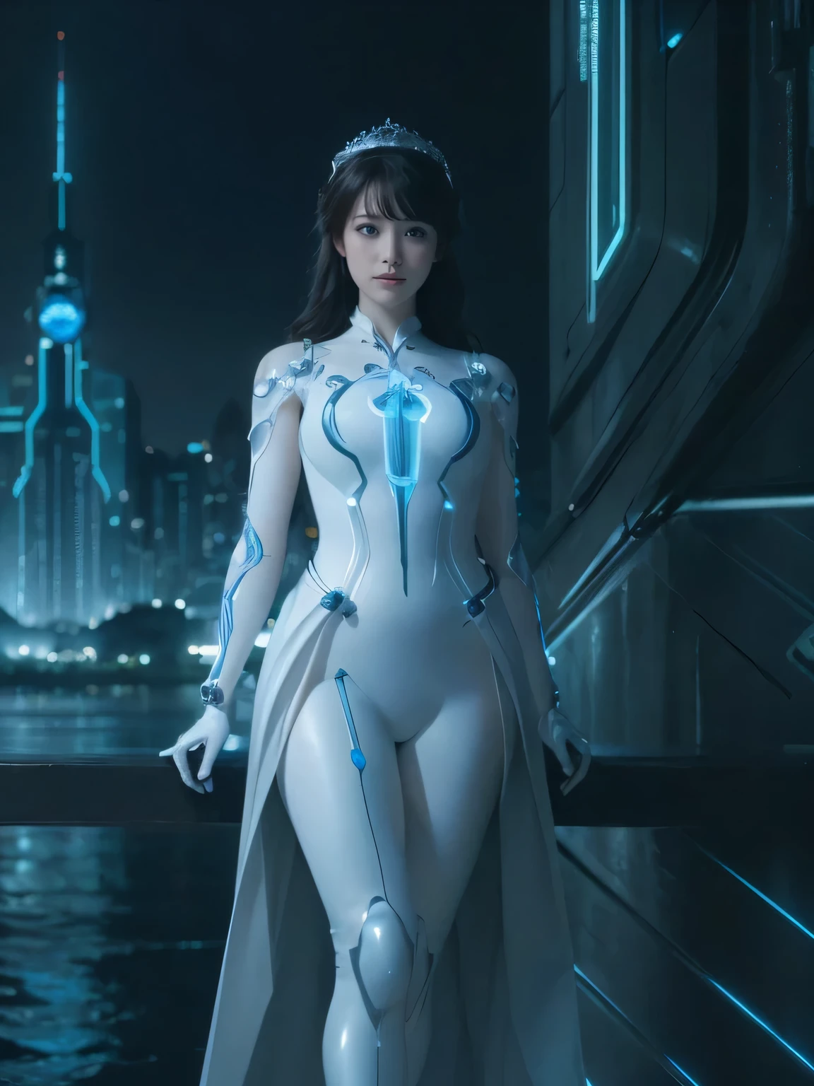 Medium display, Medium Shot, Written boundary depth, bust,Photograph the whole body, Movie angle, masterpiece, Highest quality, Very detailed, CG, 8k wallpaper, Beautiful Face, Delicate eyes, Otome, alone, smile, Mechanical Bouquet, tronsuit, High heels、Future city background