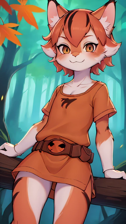 (boy, solo, cat), highly insanely detailed, masterpiece, top quality, best quality, highres, 4k, 8k, RAW photo),((innocent look)),((Childish)),From the front, symmetrical composition,smile,cute,Innocent,Kind eyes,Flat chest,digital art Style, forest, autumn, (wilykat),front view, two toned brown vest, thundera belt 