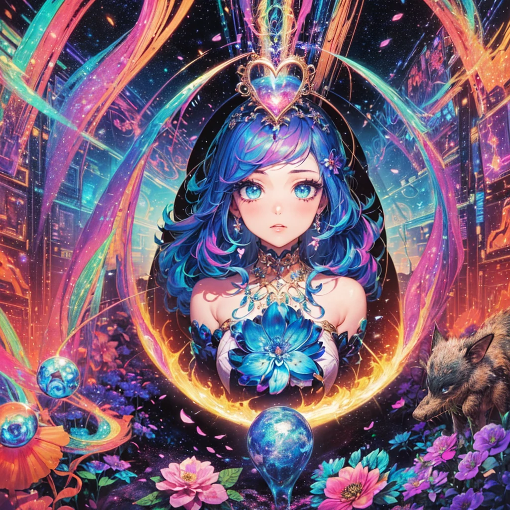 A beautiful woman in an abstract, psychedelic space world, surrounded by various creatures, with a heart-shaped gem and diamond dust spreading from the center, colorful flowers, and nostalgic landscapes. The woman is in a pensive pose, with detailed eyes, lips, and face, and a ray of light shining upon her. The overall atmosphere is one of wonder, melancholy, and a search for the light at the end of the path.

(A beautiful woman in an abstract, psychedelic space world, highly detailed, 1woman, (abstract art:1.5),(Psychedelia Theme:1.6),(Gunjo World:1.5),(Lots of creatures:1.5),(Space world:1.5),(There is a beautiful woman at the center of the world),A ray of light spreads,A heart-shaped gem spreading from the center,Diamond Dust,(Nostalgic landscapes:1.5),(colorful flower:1.5),extremely detailed eyes and face,beautiful detailed eyes,beautiful detailed lips,longeyelashes)