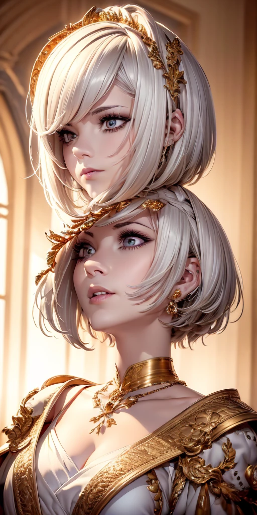 best quality, masterpiece, a portrait of white short hair lady, gold eyes,white clothes, royal clothes, menacing, detailed hair, 8k, hd, highlight, grey background,