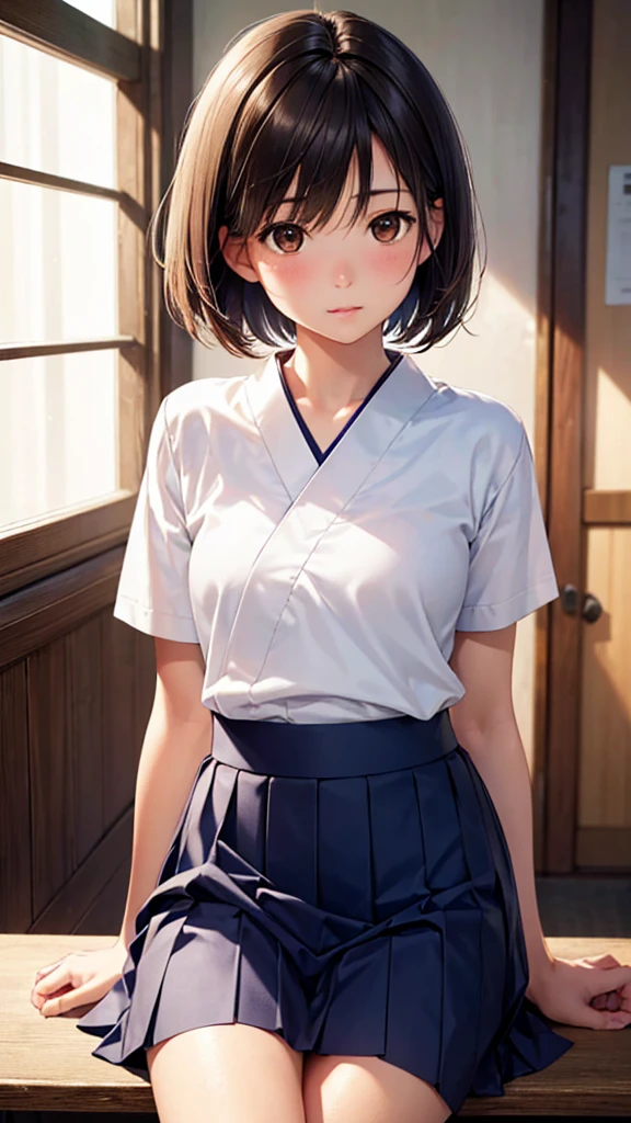 Best image quality, Japanese Classroom, White underwear, uniform, Embarrassed face, solo, woman, Black Hair, Bob Hair