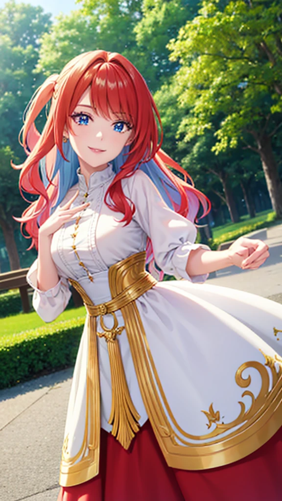 1woman,Royal costume, queen, red hair with white gradient, blue eyes, Smile, two finger pose, close up photo, standing in the park,very beautiful, ultra detail, ultra HD, masterpiece