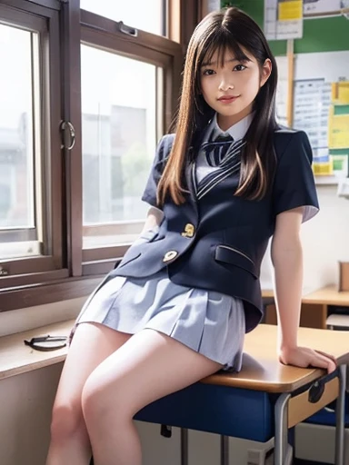 school uniform,(Sit at a desk),No makeup,High resolution,Professional photos,High resolution,Small breasts,,slim, Lie on your back on a desk, Open legs to show panties, Frightened expression, Tears in my eyes,School classroom