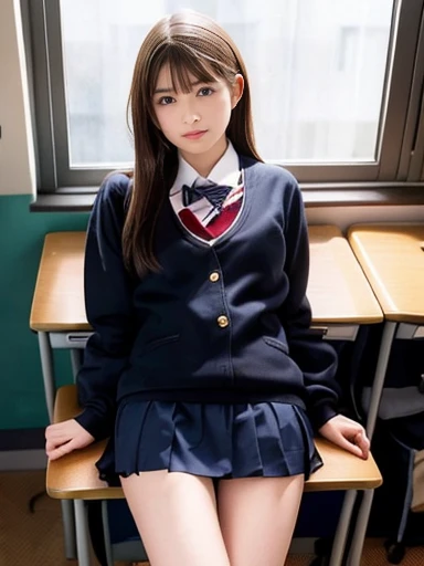 school uniform,(Sit at a desk),No makeup,High resolution,Professional photos,High resolution,Small breasts,,slim, Lie on your back on a desk, Open legs to show panties, Frightened expression, Tears in my eyes,School classroom