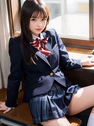 school uniform,(Sit at a desk),No makeup,High resolution,Professional photos,High resolution,Small breasts,,slim, Lie on your back on a desk, Open legs to show panties, Frightened expression, Tears in my eyes,School classroom