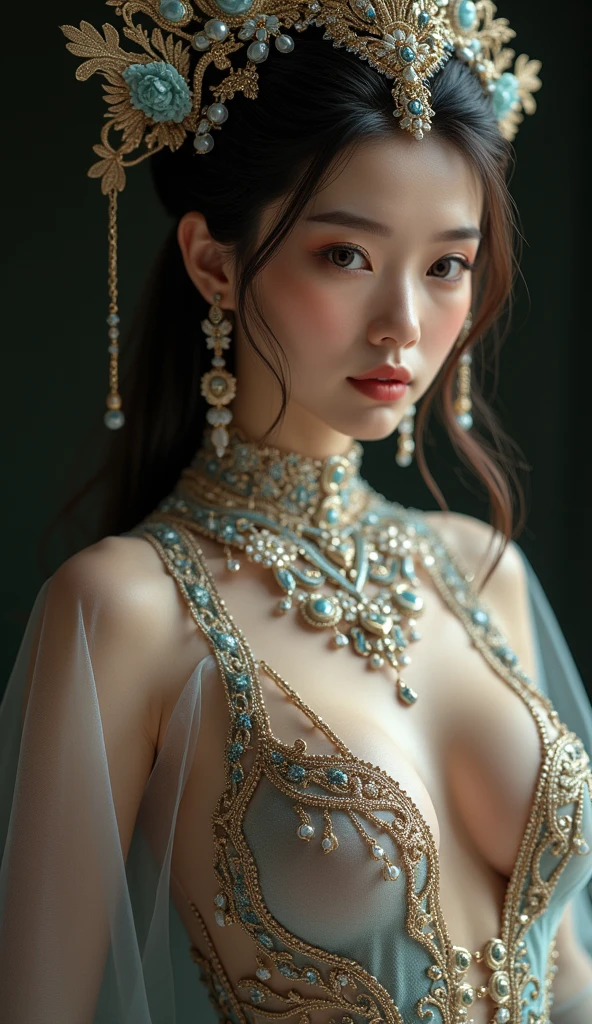 She wears a radiant blue garment and Her splendid bodily luster appears like molten gold, stationary lightning, or the yellow pigment called gorocana. Her face is as splendid and clear as millions of full-moons. Her large lotus-like eyes are lined with black mascara and reach back almost to Her ears, their beauty is incomparable to anything within the three worlds. Her amorous side-long glances can cause even the Lord of creation to tremble and swoon. Her luxuriant black hair reaches down past Her waist and is beautifully braided and decorated with forest flowers, while wisps of curling locks adorn Her enchanting forehead, which bears the sign of great majesty and is anointed with red kunkum. Her long bow-shaped brows are capable of firing deadly arrows of amorous desire towards Her beloved. Her exquisitely shaped nose is as beautiful as a sesame flower and decorated with a radiant moon-like pearl. Her nectar-like lips defeat the red lotus flowers in full bloom, while decorated with an enchanting smile of unfathomable love for Her beloved Lord. Her teeth appear like perfect rows of shining white pearls. The beauty of Her delicately sculptured chin defeats even the god of love, leaving him in bewilderment – being decorated with a droplet of musk, Her chin appears as if a baby bee is drinking nectar from a golden lotus flower. Her delicately shaped ears which are perfectly attuned to hear the enchanting song of the transcendental flute are adorned with glittering earrings. Marked with lines of divine beauty, Her slender neck smeared with exotic scent is decorated with a necklace of the finest pearls. Covered with a shimmering bodice, Her perfectly raised breasts resemble water-pots filled with nectar. Her slender waist enchants the heavens and Her naval is as deep as the ocean. Her waist is beautified with three exquisite folds and adorned with a fine jeweled girdle of tinkling bells. Her long slender arms, decorated with gem-encrusted armlets and jeweled bracelets, a