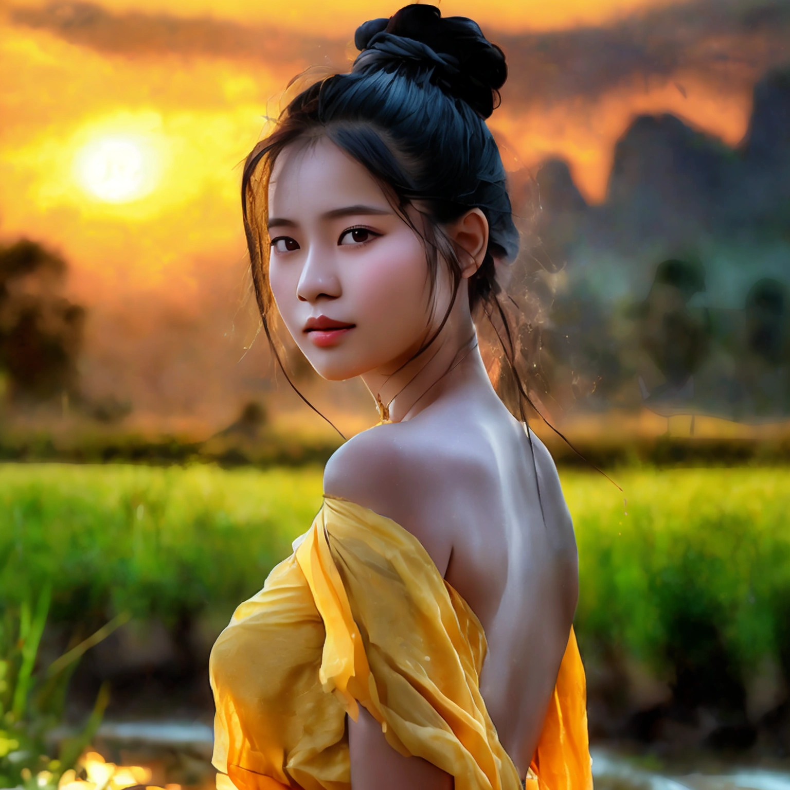 RAW, Best quality, high resolution, masterpiece: 1.3), beautiful Khmer-Chinese woman, Masterpiece, sun set, simple body, normal clothes, black chignon hair, open stand, realistic, dark hair, Soft smile, thick thighs, she is about 20 years old, pale white skin, wearing a simple Khmer yellow t-shirt and jean dress, ((whole body)) turning side facial at viewer, closeup, small mountains, misty, woman standing beside small river and rice field,
