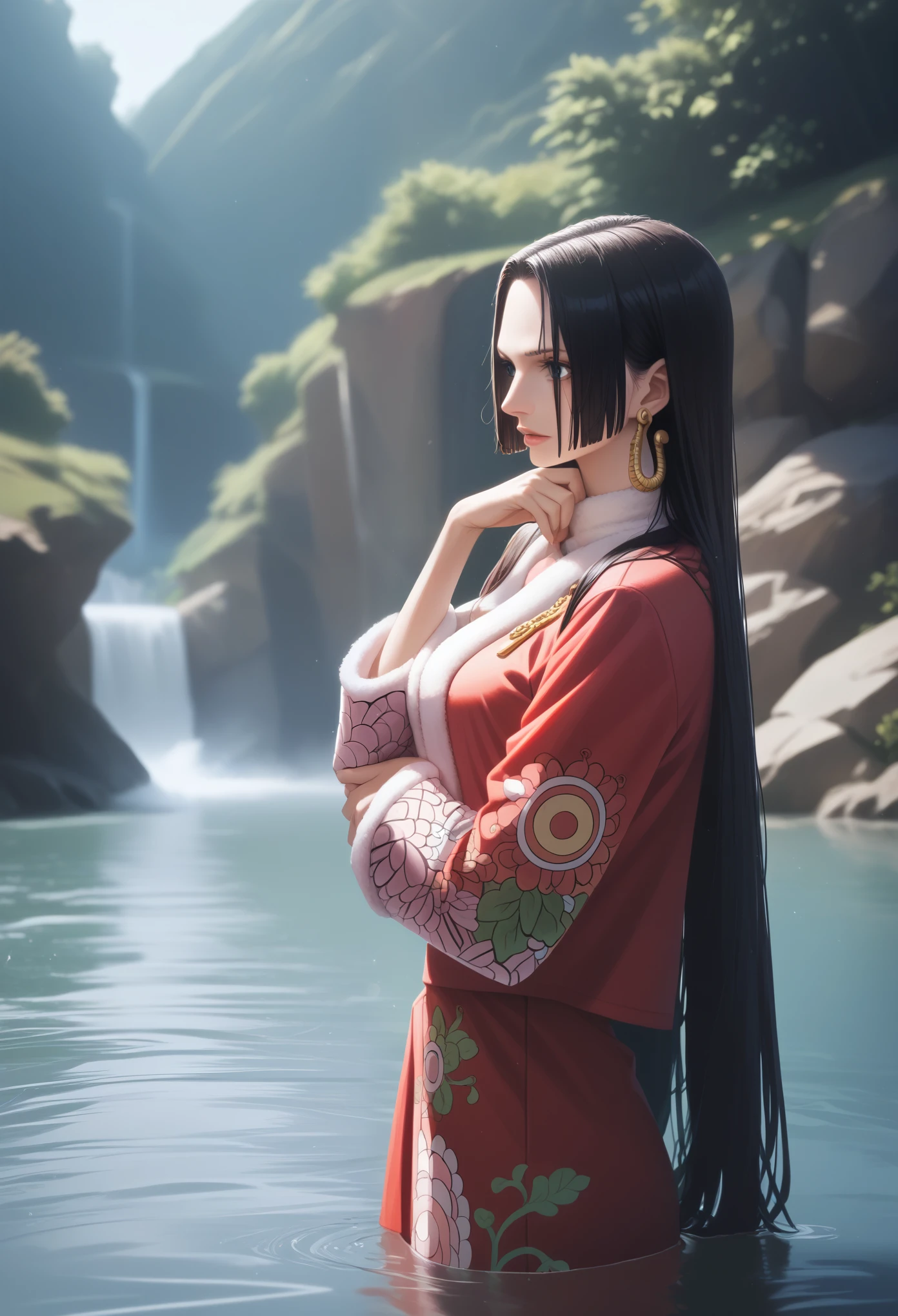 boa hancock standing in a river, sunlight rouching it and everything is reflecting a very mind blowing ultra realistic picture of boa hancock