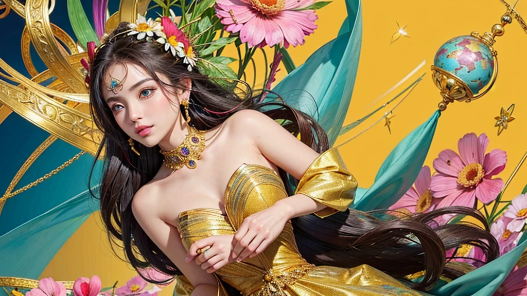A floating girl, (black hair with blooming green locks), (emerald bra with gold), (very small breasts), athletic and slim body, gold skirt with white silk, gold bracelets, perfect and delicate face, (American face), rays, clouds, moonlight night