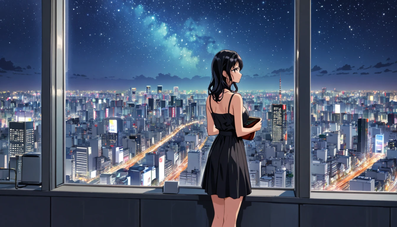 A black-haired woman looking out over the city of Tokyo,Night starry sky,Streetscape、listen to music、Japanese　Black Hair　Cleavage Skyscraper City　白いブラウス