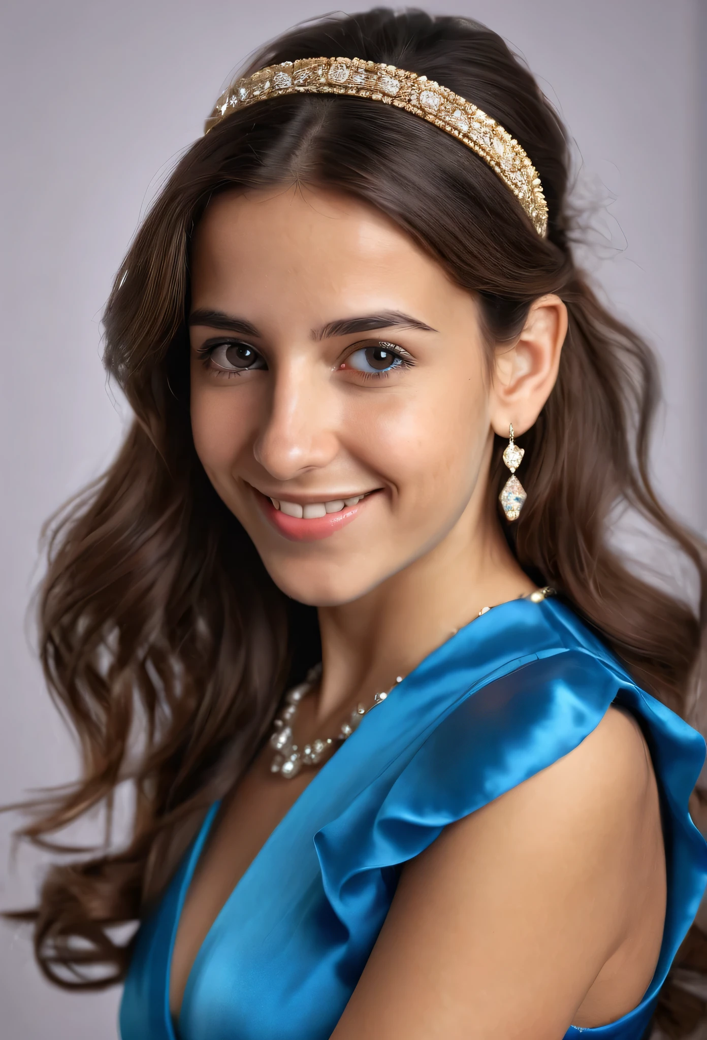 A close up of a woman wearing a blue dress and a tiable - SeaArt AI