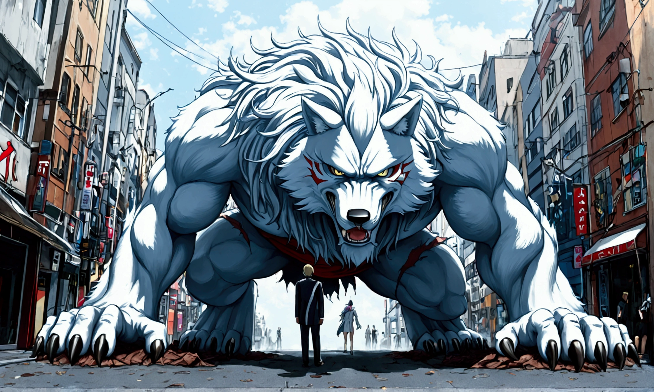 A (giant, white wolf monster) snarls at a Gundam, they are the same height, damaged streets of Neo Tokyo
