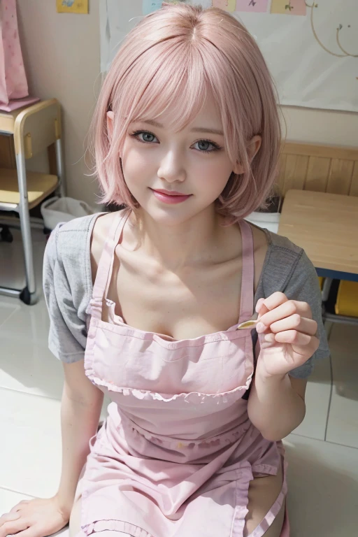 kitchin、Pink short cut hair,(8K, top-quality, masterpiece:1.2), (realisitic, Photorealsitic:1.37), ultra-detailliert, 1 girl in, full body Esbian, Kitchen at home, (Adjusted hair:1.5) Apron naked、fullnude、Apron with simple design, (NAKED Apron: 1.2)、(Apron with simple design:1.2)、Alpha Layer、high-heels、earring beautiful、cute little、独奏、Beautiful detailed sky、(A smile:1.15)、(Mouth closed)、tiny chest、Eyes in Beautiful Details(short-hair:1.2)、Floating Hair NovaFrogStyle、masuter piece、Pink Shortcut Bob、Realistic rabbit ears、Pink realistic rabbit ears、Realistic ears of rabbits sticking out of the head、Pink hair、Beautiful girl in her 20s、Bewitching atmosphere、Beautiful shaped hands、K-POP、Pink rabbit ears、1 girl in、独奏、masterpiece、top-quality、realisitic、Hyper-detailing、(Glossy skin:1.4)、absurderes、short pink hair、Slender beauties、动态照明、hight resolution、foco nítido、depth of fields、(thick thight:1.0)、A slender :1.2,((Short-cut bob hair))、((k pop:1.3)),Highly detailed facial and skin texture、((魅惑的)),Anatomically correct number of fingers,Correct anatomy
